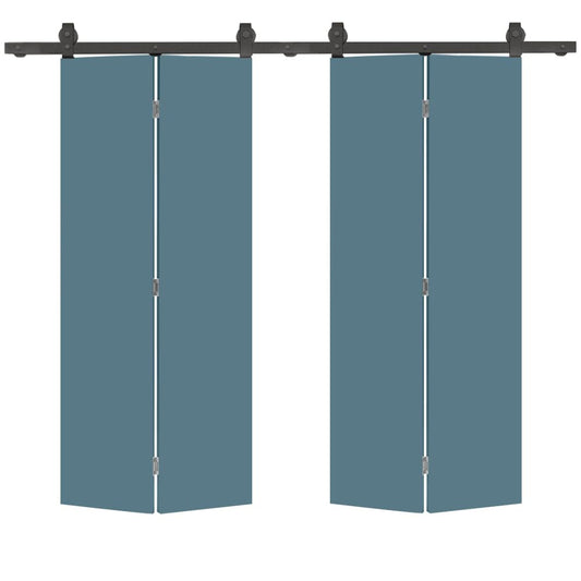 48 in. x 80 in. Dignity Blue Smooth Flush Hardboard Hollow Core Composite Double Bi-Fold Barn Door with Sliding Hardware Kit