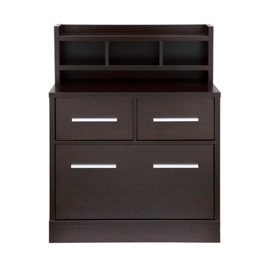 BOWERY HILL File Cabinet, 3-Drawer Storage and Hutch, MDF and Veneer, Cappuccino Finish, 32" W x 16" D x 40" H, Contemporary Style, Sturdy Office Filing and Storage Solution