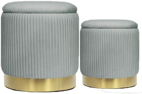 Round Ottoman with Storage Set of 2 Upholstered Velvet Vanity Stool Small Ottoman Coffee Table, Foot Stool, Removable Lid, for Living Room, Bedroom, Hallway, Assembly Free (Light Grey)