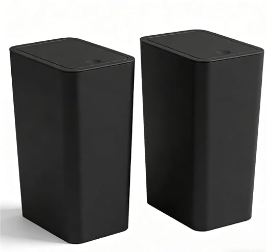 Compact Push-in Trash Can with Lid for Bathrooms, Kitchens, Living Rooms, Offices, Etc., Trash Can with Pop-Up Lid, 10 Liter/2.6 Gallon Slimline (Blackï¼2 Pieces)