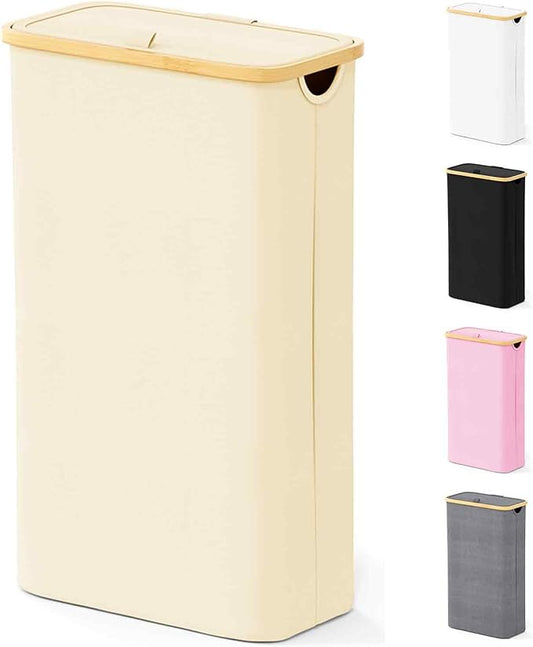 SpaceAid Slim Laundry Hamper with Lid, 65L Narrow Clothes Basket Bin with Bamboo Handles, Skinny Tall Collapsible Hamper for Bedroom, Bathroom, Dorm, Laundry Room - Beige
