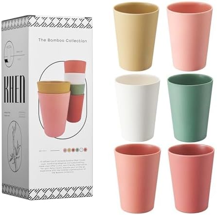 Wheat Straw & Bamboo Cups | Set of 6 Unbreakable 12oz Drinking Glasses, Premium, Reusable & Dishwasher Safe, 6 Vibrant Colors for Water, Juice or Coffee, Eco-Friendly Alternative to Plastic Glassware