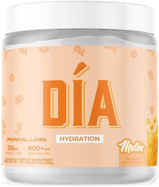 Primeval Labs Dia Hydration Electrolyte Powder | Vitamin C + Zinc, Taurine & Electrolytes | Low Sugar Daily Hydration Drink | 40 Serving Tubs | Melon