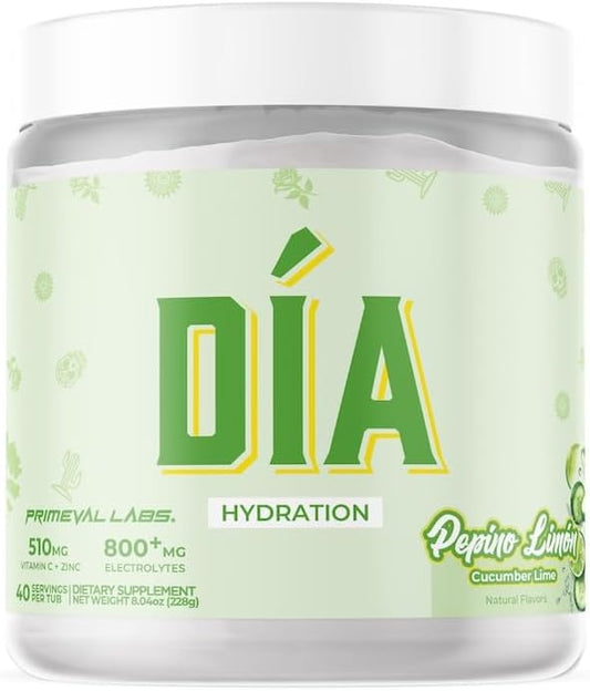 Primeval Labs Dia Hydration Electrolyte Powder | Vitamin C + Zinc, Taurine & Electrolytes | Low Sugar Daily Hydration Drink | 40 Serving Tubs | Pepino Limon