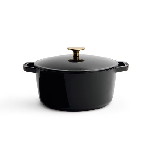 Milo by Kana 3.5-quart Enameled Cast Iron Dutch Oven with Lid | Premium Casserole Cooking Pot | Enamel Coating Inside and Out | Oven Safe and Dishwasher Friendly (Gloss Black with Gold Knob)