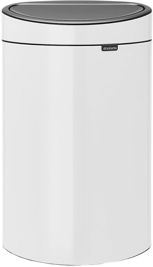 Brabantia Press-Top Kitchen Trash Can with Flat Back | White | 10.6 Gallon / 40L | Home Trash Can with Soft-Touch Stay-Open Lid & Removable Inner Bucket | Fits Flat Against Walls | + Trash Bags