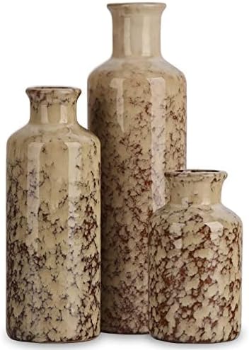 Ceramic Vase Set - 3 Crack Brown Small Vases, Farmhouse Country Flower Vase Home Decor, Living Room Decoration, Table Decoration, Fireplace Decor, and Entrance Decorations Centerpieces