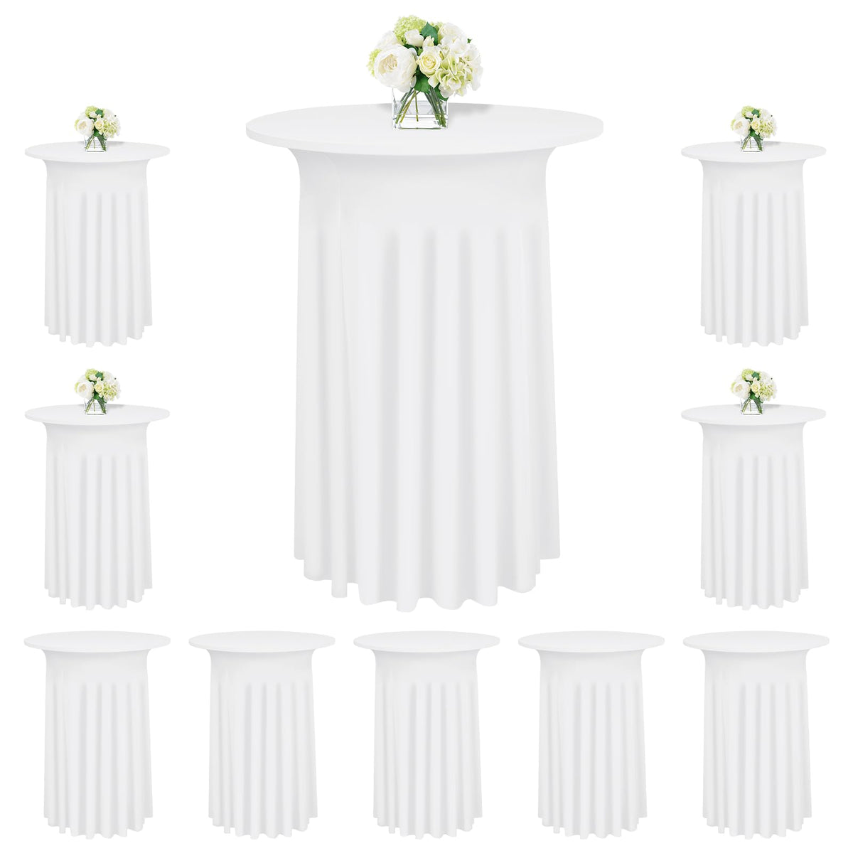 YJYQHYX 6 Packs Round Cocktail Table Skirt 24"x 43" Spandex Stretch Cocktail Table Cloths with Wavy Skirt, Spandex Fitted High Top Table Covers for Wedding Party Birthday Banquet Table (White)