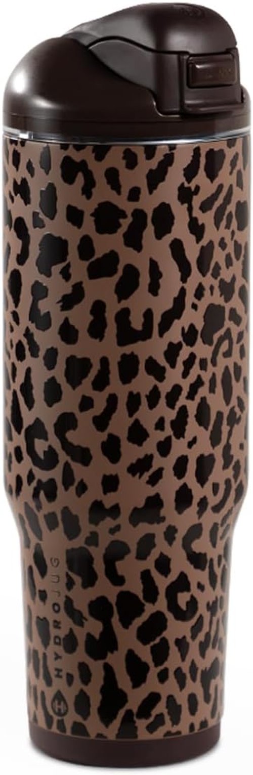 HydroJug 32oz Stainless Steel Water Bottle - Straw & Chug Lid, Vented Cap, Non-Slip Base | Brown Leopard
