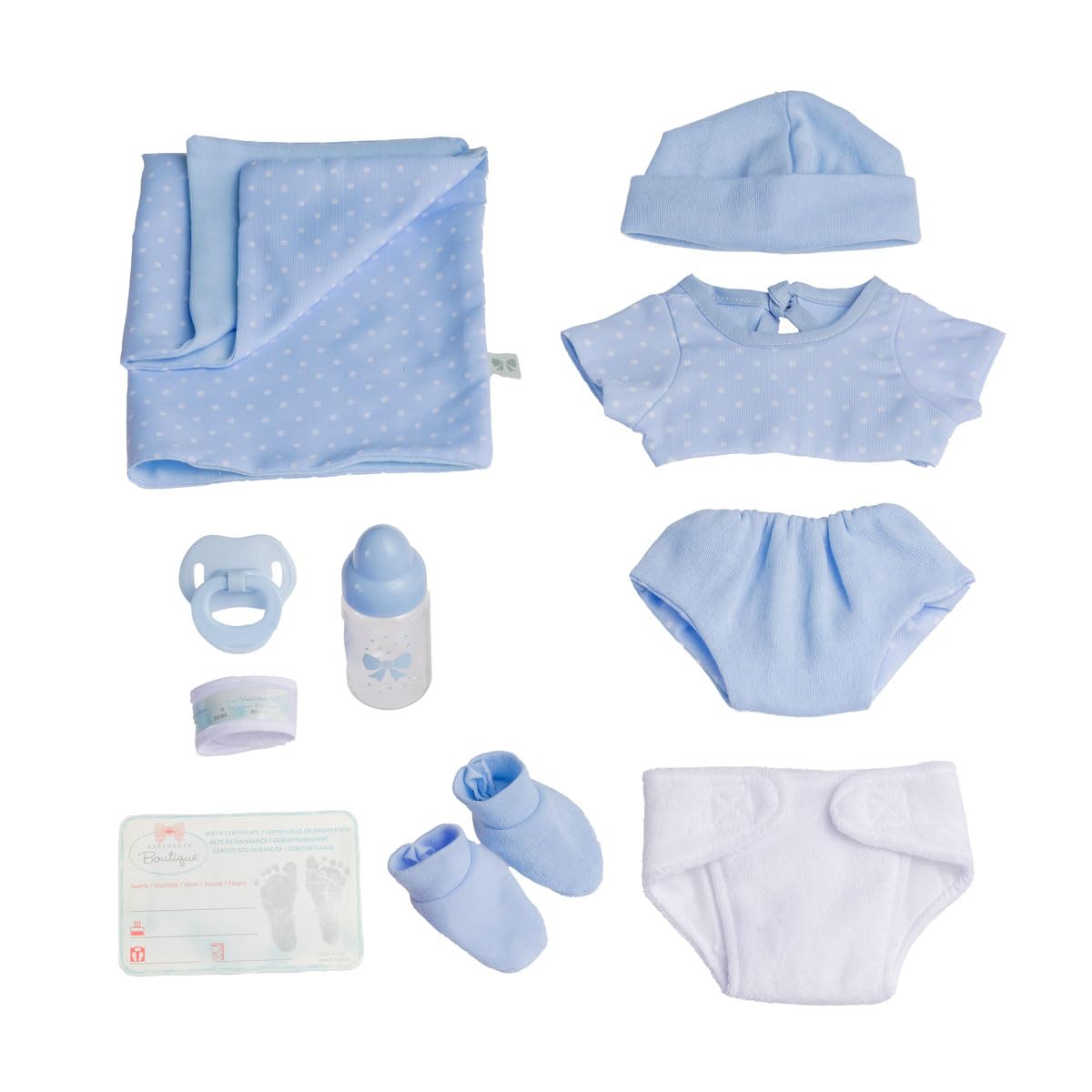 La Newborn Boutique 14" Realistic Baby Doll – 9-Piece Layette Gift Set, Soft Vinyl, Posable Limbs, Lifelike Detail – Anatomically Correct Real Boy in Blue (Berenguer / JC Toys)