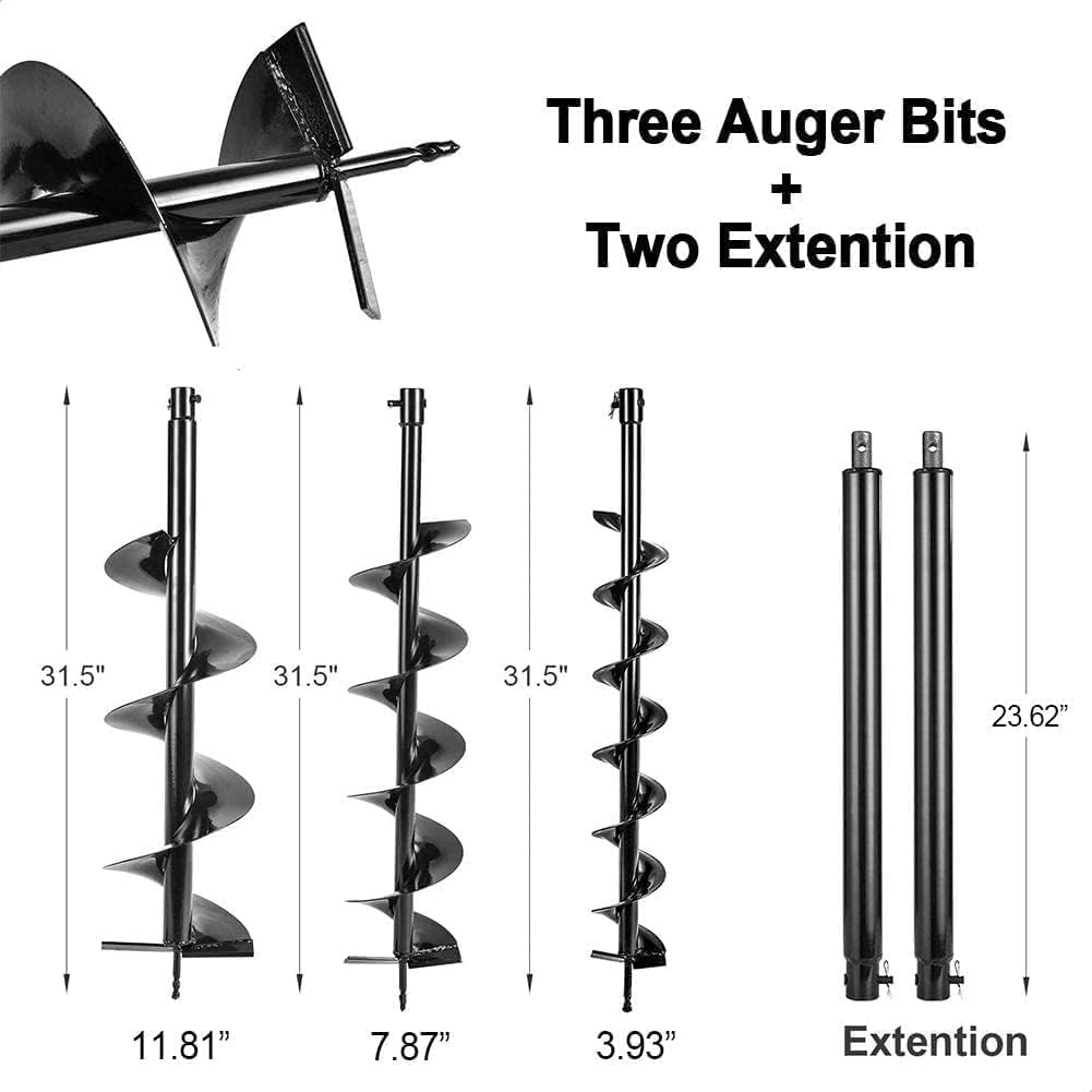 PRIJESSE 85cc Post Hole Digger 2-Stroke Petrol Gas Powered Earth Digger with 3 Auger Bits (4" 8" 12") + 2 Extension Bar (24" 24") for Farm Garden Plant Fence and Planting