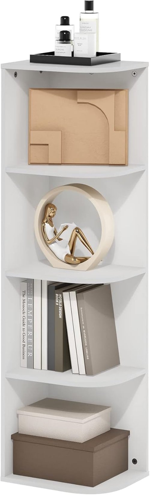 Furinno Pasir 4-Tier Corner Bookcase - Stylish White Open Shelf Design for Space-Saving Storage