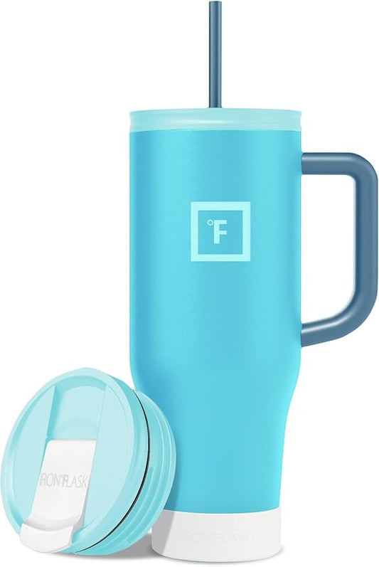 IRON °FLASK Co-Pilot Insulated Mug w/Boot, Straw & Flip Cap Lids - Cup Holder Bottle for Hot, Cold Drink - Leak-Proof - Water, Coffee Portable Travel Mug - Azure Mist, 40 Oz