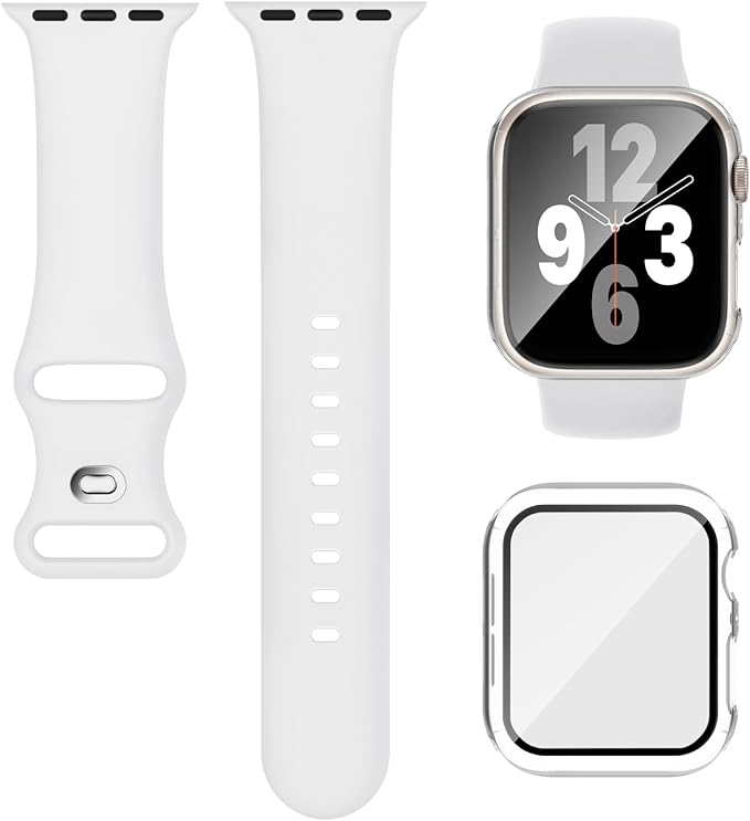 Compatible for Apple Watch Band 38mm and Case with Screen Protector, Soft Silicone Sport Strap Bands and Protective Cover with Tempered Glass for iWatch Series 9 8 7 SE 6 5 4
