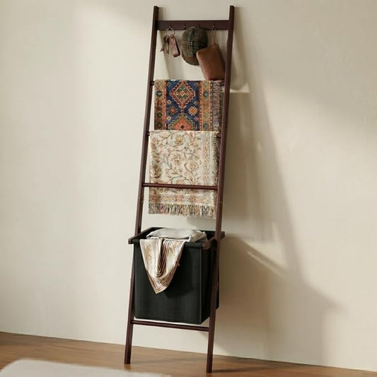 BAMBANG Bamboo Blanket Ladder with Basket, 5-Tier Quilt Rack Stand with 4 Hooks & Storage Hamper for Living Room Bathroom, Wall Leaning Decorative Ladder Shelf for Blankets Display (Brown)