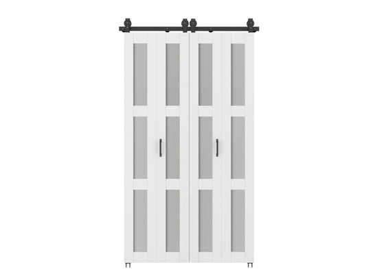 48 in. x 84 in. 3 Lite Pre Assembled Frosted Glass White MDF Double Bi-Fold Barn Doors with Hardware Kit and Door Handle