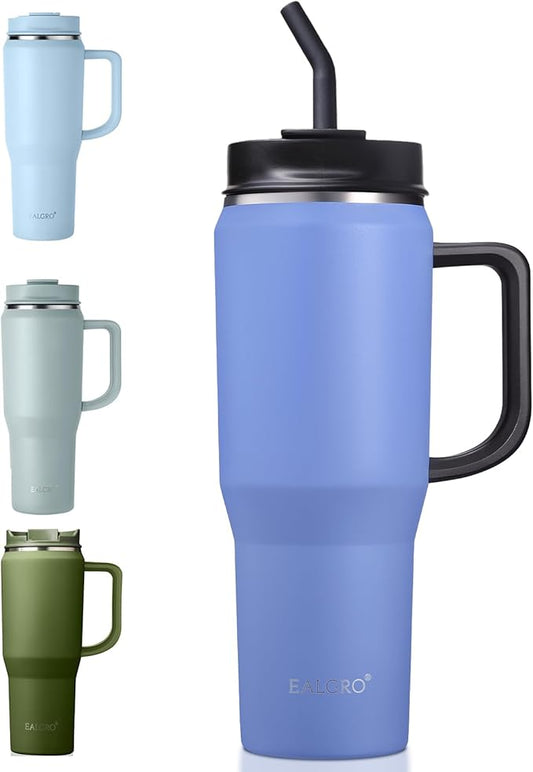 EALGRO 40 oz Tumbler with Handle, Insulated Tumblers with Lid and Straw, Large Metal Sports Water Bottle Jug, Thermal Stainless Steel Travel Coffee Mug Cup, Light Blue