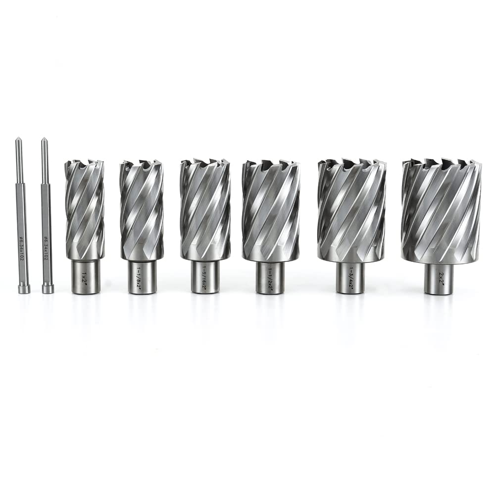 OSCARBIDE Annular Cutter Set 8 Pieces, 3/4" Weldon Shank, 2" Cutting Depth,Cutting Diameter(1,1-1/8,1-5/16,1-1/2,1-3/4 and 2) inch, Mag Drill Bits for Magnetic Drill Press with 2pcs Pilot Pins