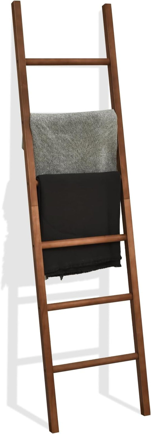 FUIN 6ft Wooden Brown Blanket Ladder Living Room Decorative Wall Leaning Farmhouse Quilt Display Holder Rustic Wood Towel Rack for Bathroom