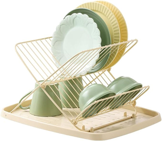 Folding Dish Drying Rack with Drip Tray Collapsible Dish Rack for Kitchen Counter 2 Tier Foldable Dish Drainers for Large Capacity Wire Expandable, Cream