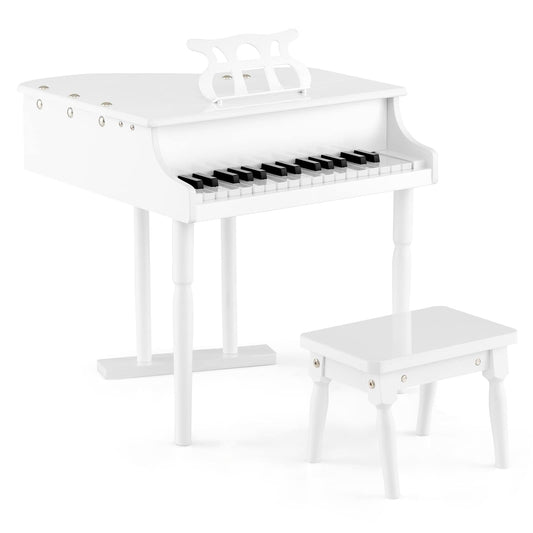 Goplus 30-Key Classical Kids Piano, Mini Grand Piano Wooden Learn-to-Play Musical Instrument Toy with Bench, Piano Lid, Music Rack, Gift for Boys Girls Aged 2+ Baby Toddler(3 Straight Leg-White)