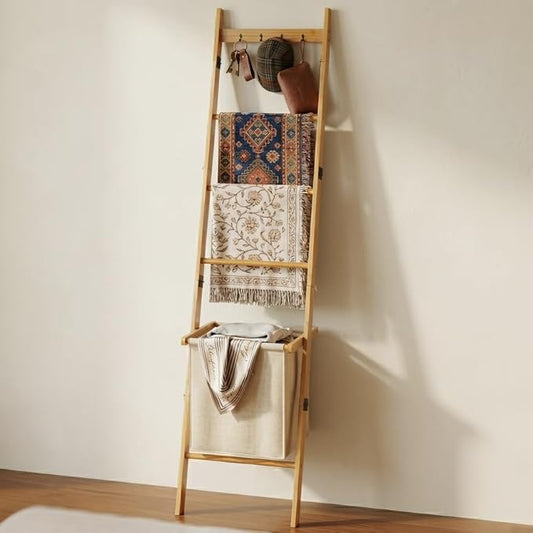 BAMBANG Bamboo Blanket Ladder with Basket, 5-Tier Quilt Rack Stand with 4 Hooks & Storage Hamper for Living Room Bathroom, Wall Leaning Decorative Ladder Shelf for Blankets Display (Natural)