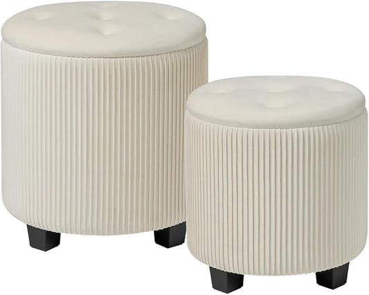 BLEXA Big Round Ottoman with Storage Set of 2, Upholstered Velvet Vanity Stool for Makeup Multifunctional Foot Rest Coffee Table Padded Seat Tufted Ottomans for Living Room&Bedroom (Large White)
