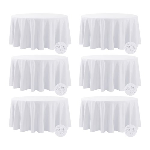 Fokitut 6 Pack Waterproof Round Tablecloth, 120 Inch, Stain Resistant and Wrinkle Polyester Table Cloth, Fabric Table Cover for Kitchen Dining, Wedding, Party, Holiday Dinner-White