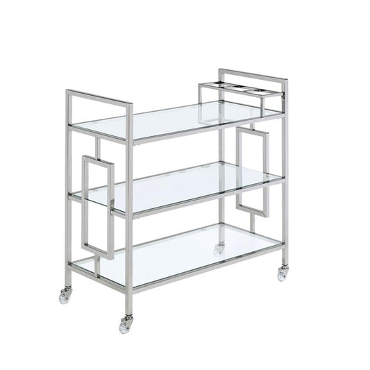 BOWERY HILL Contemporary Bar Cart, Clear Tempered Glass Shelves, 35" H x 33" W x 16" D, Chrome Finish, Modern Glam Design with Casters, Rectangular Serving Cart for Living or Dining Room Use