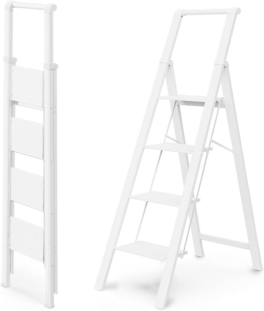 WOA WOA 4 Step Ladder, Ladders for Home, Anti-Slip Aluminum Pedals, Step Stool Foldable, Lightweight to Move, Ease of Storage, Reach 9ft for Closet Kitchen Library, Hold 300lbs - White