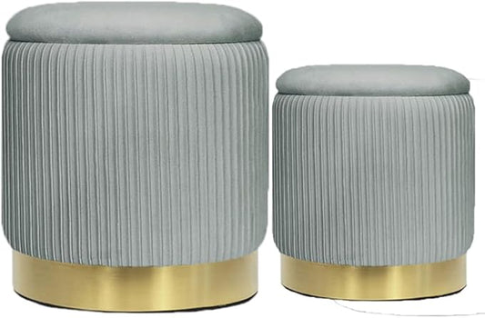 YYW HOME Round Ottoman Storage Set of 2 Velvet Ottoman for Living Room Small Foot Stool Small Coffee Table Vanity Stool with Storage for Bedroom Bedroom (Light Gray)