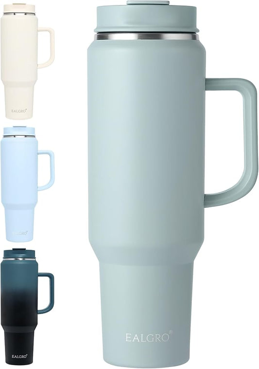 EALGRO 50 oz Tumbler with Handle, Insulated Tumblers with Lid and Straw, Large Metal Sports Water Bottle Jug, Thermal Stainless Steel Travel Coffee Mug Cup, Sage Green