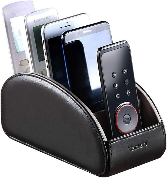 YAPISHI Large Leather TV Remote Control Holder Organizer Black with 5 Compartments Nightstand Desktop Media DVD Player Remote Tray Caddy Storage Box for Mobile Phone Pen Office Stationery Controllers