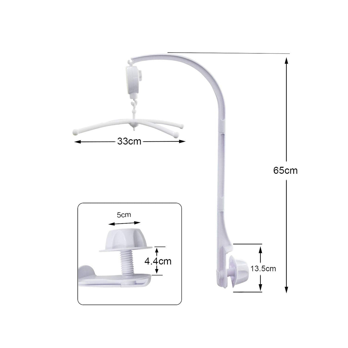 26inch White Baby Crib Mobile Music Box Bed Bell Toy Holder Arm Bracket Nut Screw Music Box Holder Set Parts for Baby Bed Perambulator (Without Dolls)