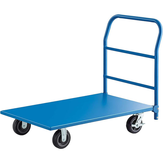 Blue Steel Platform Truck 2000 lb. Capacity - 24" x48" Heavy-Duty Utility Cart with Removable Handle, Polyurethane Wheels & Brakes - Folding Flatbed Dolly for Warehouse, Industrial, Commercial Use