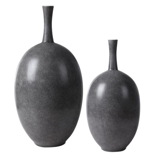 Bowery Hill Ceramic Vase Set of 2, Marbled Black and White Finish, Modern Design, Matte White Interior, 16" and 20" Height, Decorative Home Accent for Living Room or Entryway