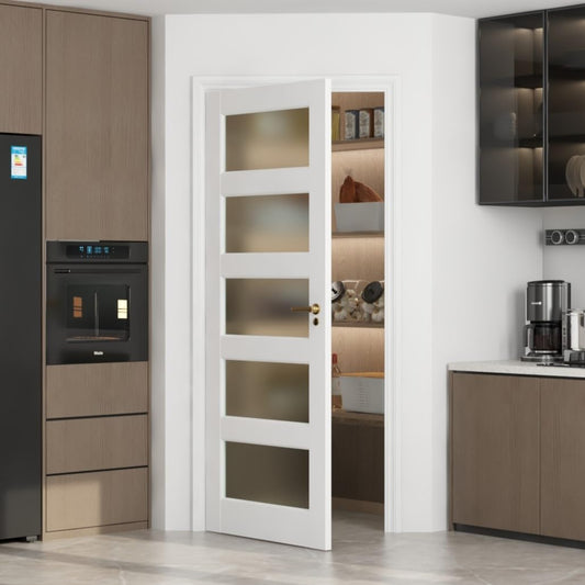 5-Lite Frosted Glass Interior French Door Slab, 28" x 80" Solid Core Wood Panel, for Pantry, Bedroom, Laundry & Bathroom, White Prefinished Paintable,White