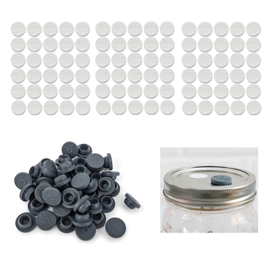 100PCS Self Healing Injection Ports and 120PCS Synthetic Filter Stickers Mushroom Growing Supplies（13.2mm for Ports &20mm for Stickers ）