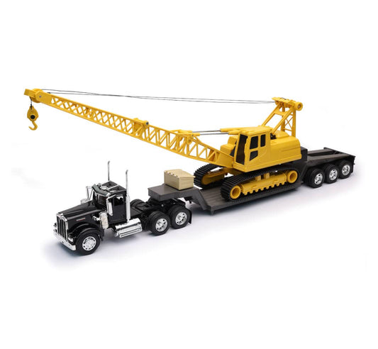 Kenworth W900 Truck with Lowboy Trailer Black and Crane Yellow Long Haul Trucker Series 1/32 Diecast Model by New Ray