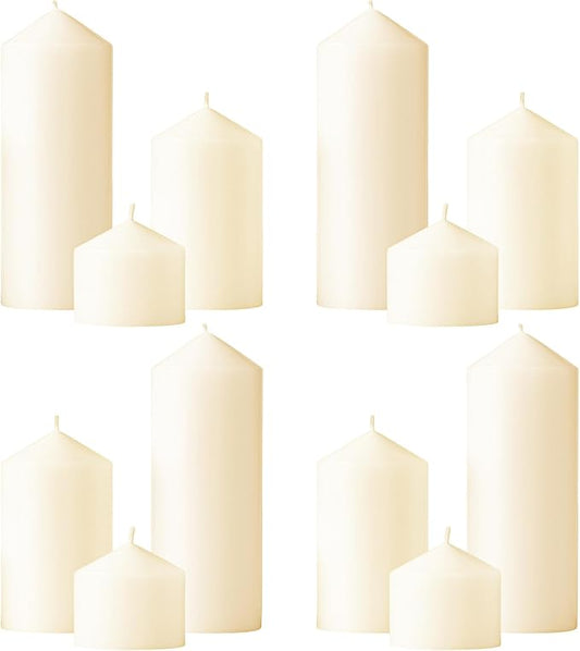 Ivory Pillar Candles Bulk Set of 12ï¼? Different Lengths 3 x 3/6/8 Inch (4 Each)，Hurricane Candles，Dripless Unscented Smokeless，Gives You a Better Atmosphere When Organizing an Event Party.