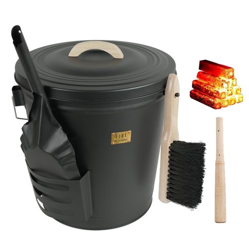 Annie Garden Ash Bucket with Lid and Shovel, Hand Broom and Stick, 5.2 Gallon Large Metal Ash Bucket for Fireplace Tools Set, Fire Pits, Wood Burning Stoves, Indoor and Outdoor, Camping, Grill, Black