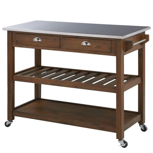 BOWERY HILL Modern Kitchen Cart, Rubberwood and Stainless Steel, Chestnut Wire-Brush Finish, 45" W x 20.5" D x 35.75" H, Adjustable Shelf, Storage Drawers, Locking Casters, Portable Prep Station