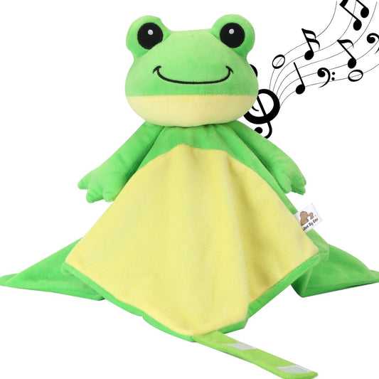 Love By Emi 4 in 1 Baby Lullaby Sleep Soother Toy - Stuffed Animal Sound Machine & Pacifier Holder | Heartbeat White Noise & Music | Plush Yellow Frog Sleep Aid Security Blanket (0-3 Years)