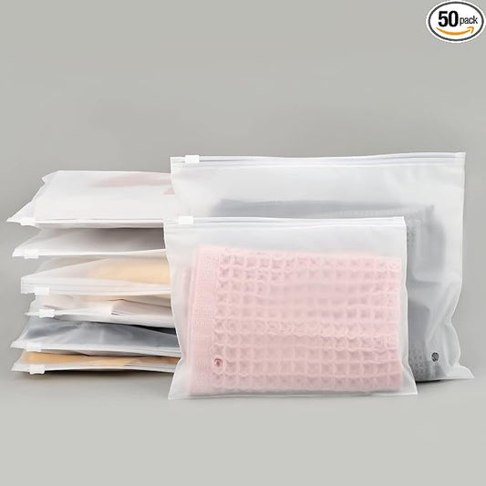 Frosted Zipper Bags for Clothes, 9.8x7.8 inch Resealable Plastic Mailers, 50Pcs Bikini Bags with Slider Closure for Swimsuit, Bathing Suit, T Shirt Packaging, 3 Mil Thick with Vent Holes