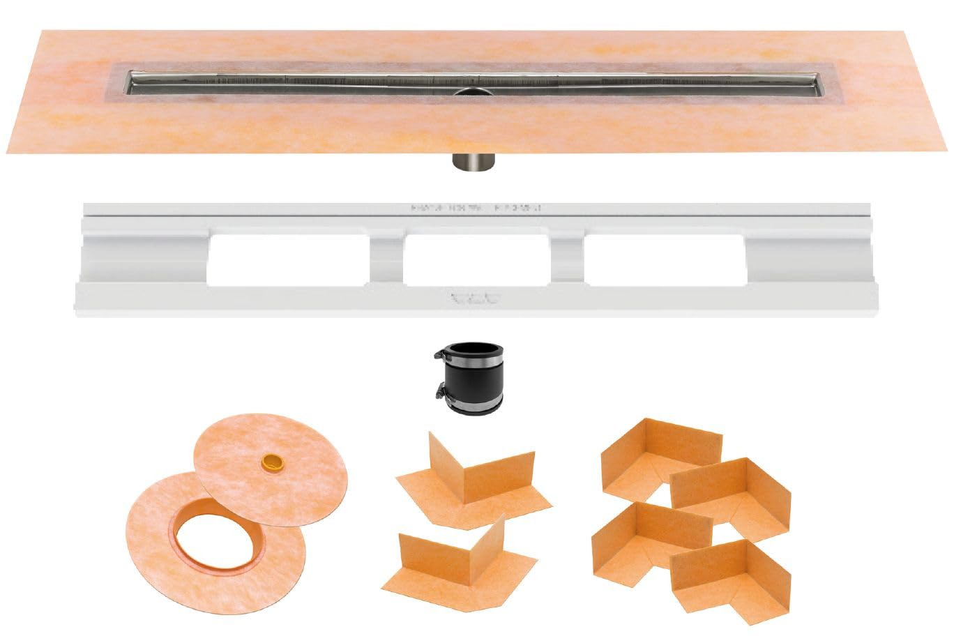 Schluter Kerdi Line Shower Drain with 20" Stainless Steel Channel Body and Waterproof Kerdi Collar - Ideal for Showers and Wet Rooms - Center Outlet Position, 19-11/16" Grate Length - KL1V60E50