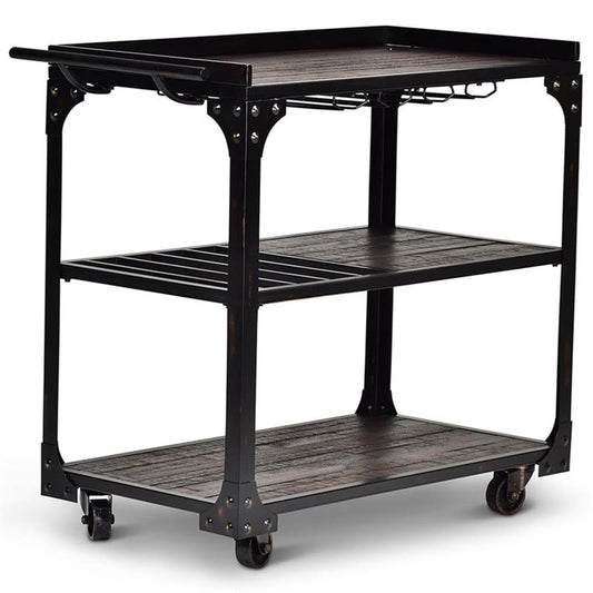 BOWERY HILL Transitional Bar Cart, 40 in W x 20 in D x 36 in H, Distressed Tobacco Brown Finish with Black Iron Frame, Stemware Storage, Towel Bar, Wine Bottle Shelves, Industrial Style for Dining