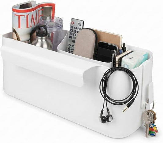 Bedside Caddy Hanging Basket Organizer with Hooks Dorm Bunk Beds Shelf Night Table Storage Holder for Remote Controls Magazines Phone Glasses Bottle (White)