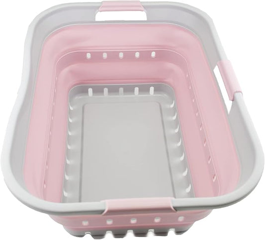 SAMMART 42L (11 gallon) Collapsible Plastic Laundry Basket - Foldable Pop Up Storage Container/Organizer - Portable Washing Tub - Space Saving Hamper/Basket (Grey/Pale Pink)