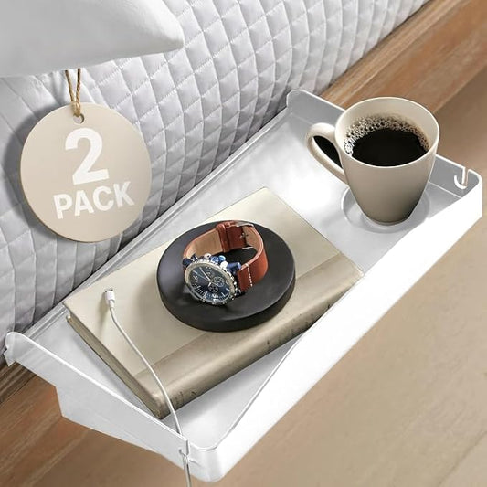 Modern Innovations 2 Count Bedside Organizer for Bed – Clip On Tray with Cup & Cord Holder – for College Dorm, Top Bunk, or Kids Bedroom (White)