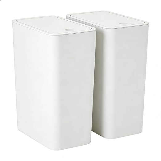 Compact Push-in Trash Can with Lid for Bathrooms, Kitchens, Living Rooms, Offices, Etc., Trash Can with Pop-Up Lid, 10 Liter/2.6 Gallon Slimline (Whiteï¼2 Pieces)